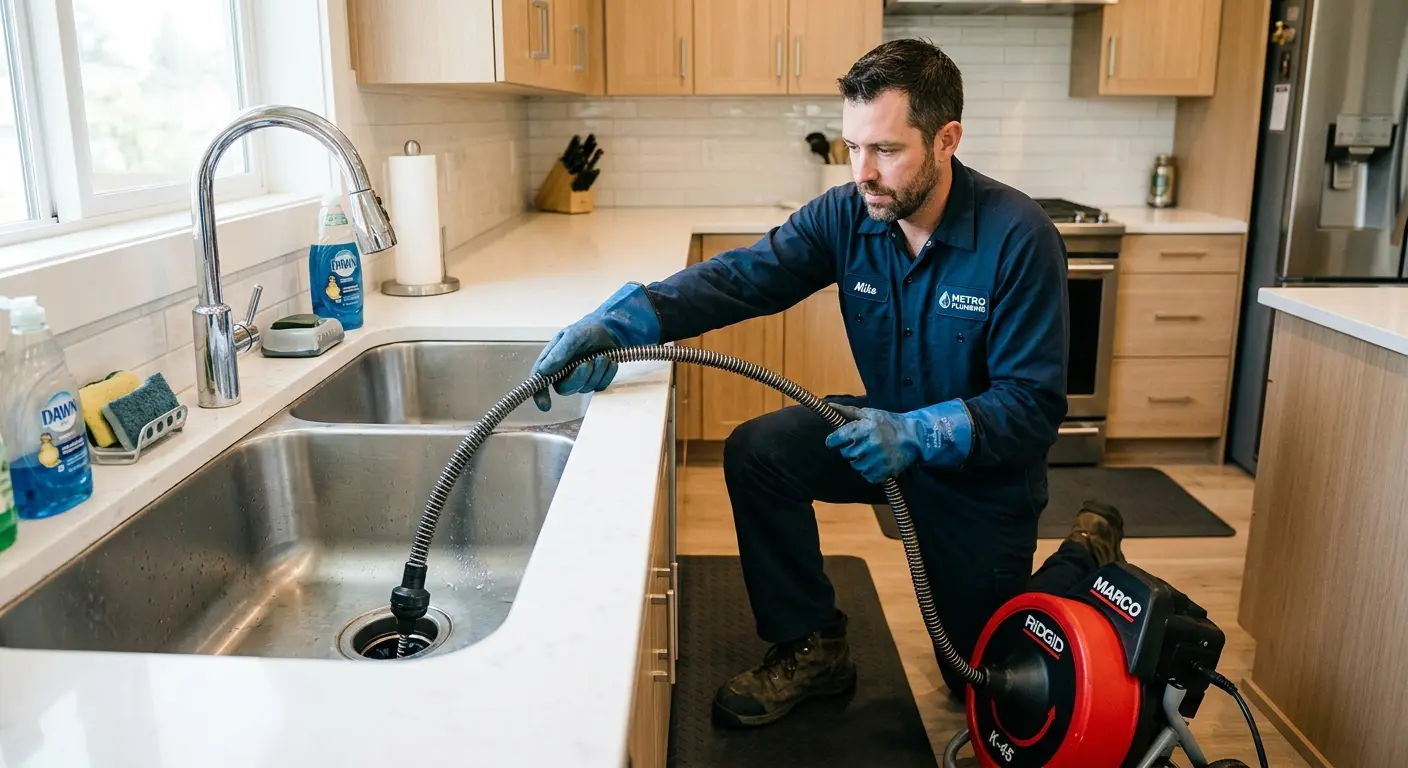 Drain cleaning technician using a motorized snake on a kitchen sink in Shelbyville