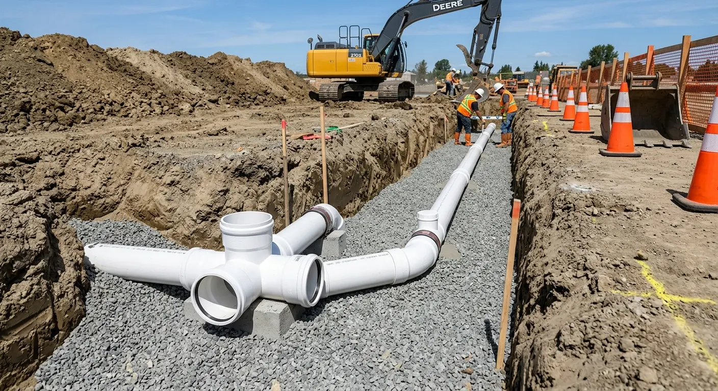 New PVC sewer pipe installation in open trench for Commercial Drain Cleaning in Shelbyville