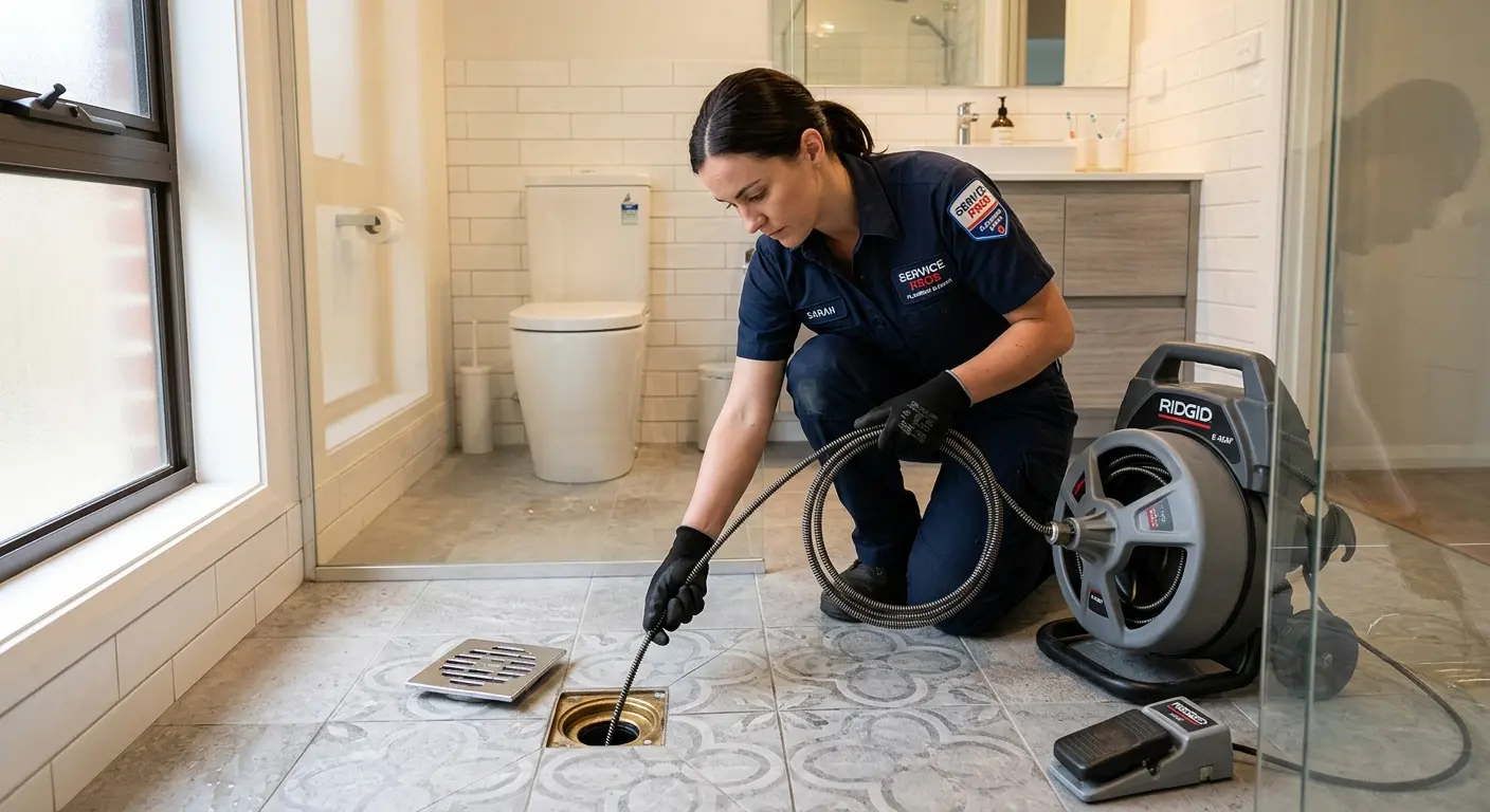 Technician clearing a bathroom floor drain for Clogged Drain Repair in Shelbyville